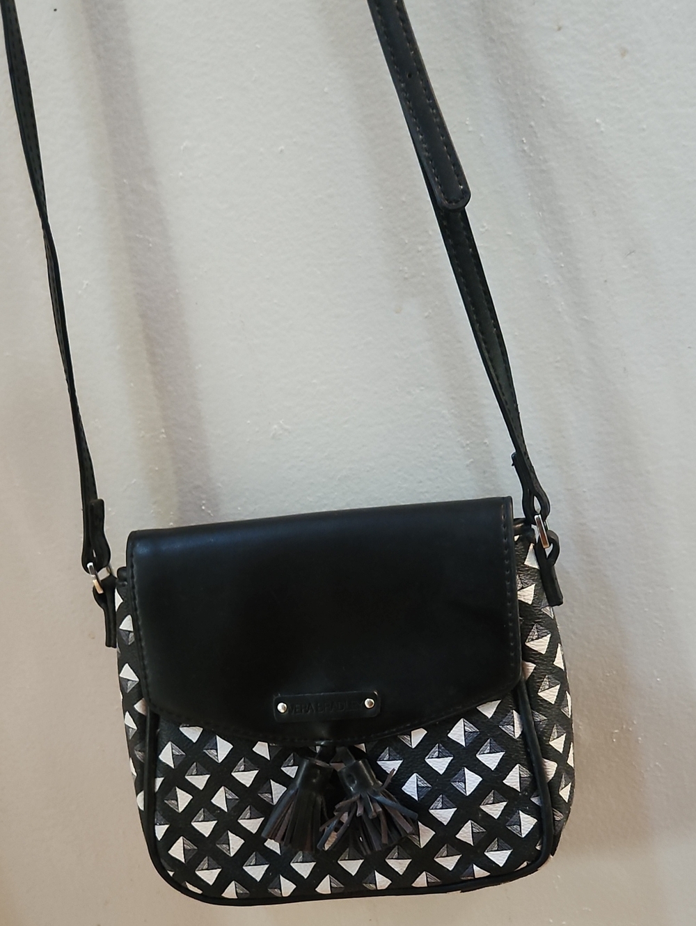 Black Patterned Crossbody Bag with Tassel Accent